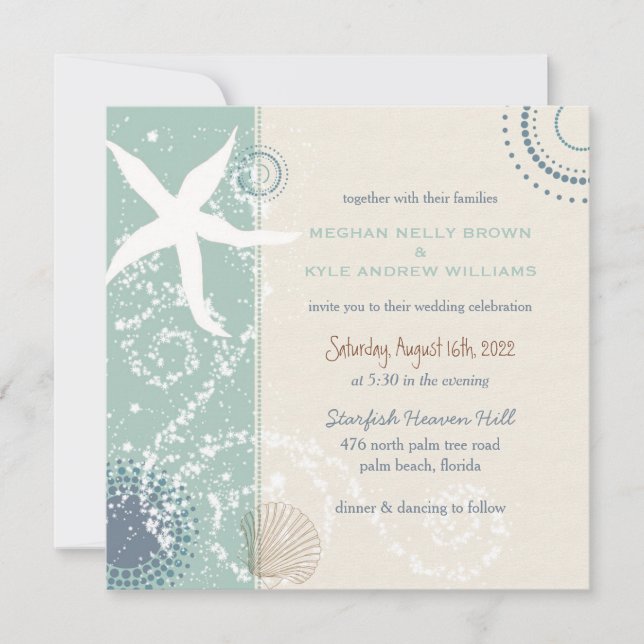 Invitación Boda en la playa azul de Dusky Jade gris (Anverso)