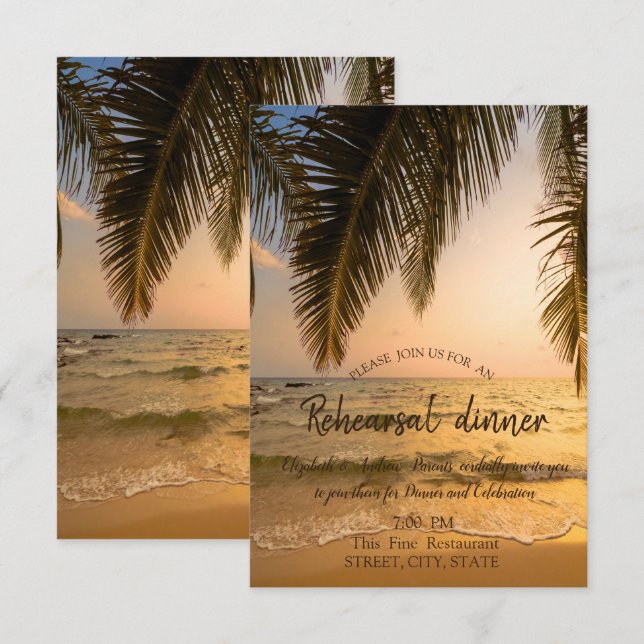 Invitación Boda en la playa,Cena de ensayo de palm Sunset (Anverso / Reverso)