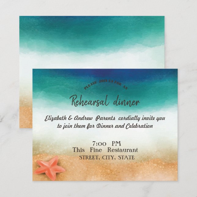 Invitación Boda en la playa, cena de ensayo de Starfish (Anverso / Reverso)