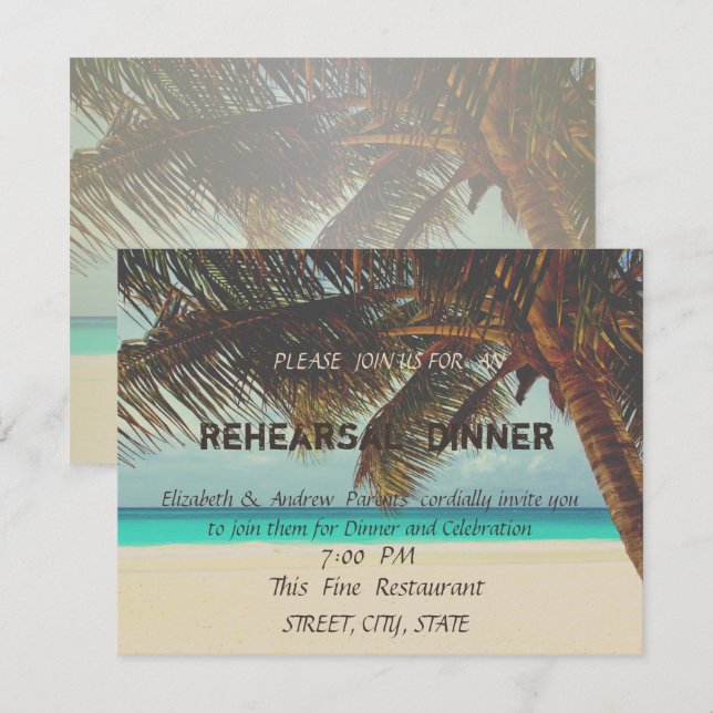 Invitación Boda en la playa, cena de ensayo en palmas (Anverso / Reverso)