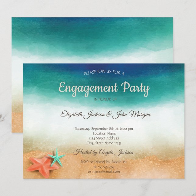 Invitación Boda en la Playa, Compromiso con Estrella de Mar (Anverso / Reverso)