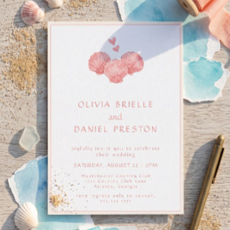 Invitación Boda en la Playa con Acuarela de Conchas Rosadas