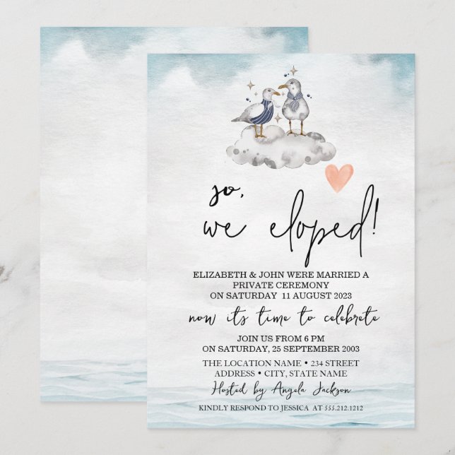 Invitación Boda en la playa con gaviotas en acuarela  (Anverso / Reverso)