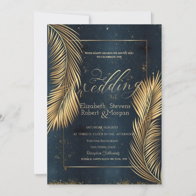 Invitación Boda en la playa con hojas de palma doradas (Anverso)