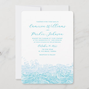 Invitación Boda en la playa con olas de azul acuático