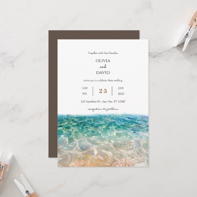 Invitación Boda en la playa con olas de océano cristalinas tr (Anverso/Reverso In Situ)