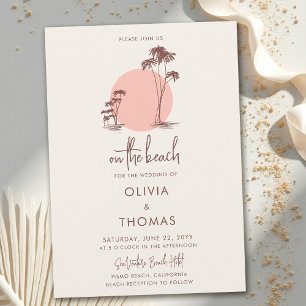 Invitación Boda en la playa con palmeras, sol rosa, luz y are
