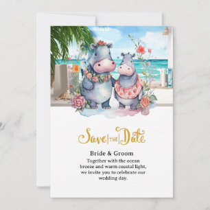 Invitación Boda en la Playa con Pareja de Hipopótamos