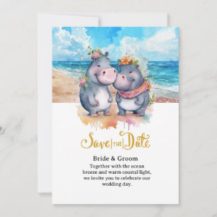 Invitación Boda en la Playa con Pareja de Hipopótamos