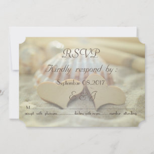 Invitación Boda en la playa, concha, corazones de madera RSVP