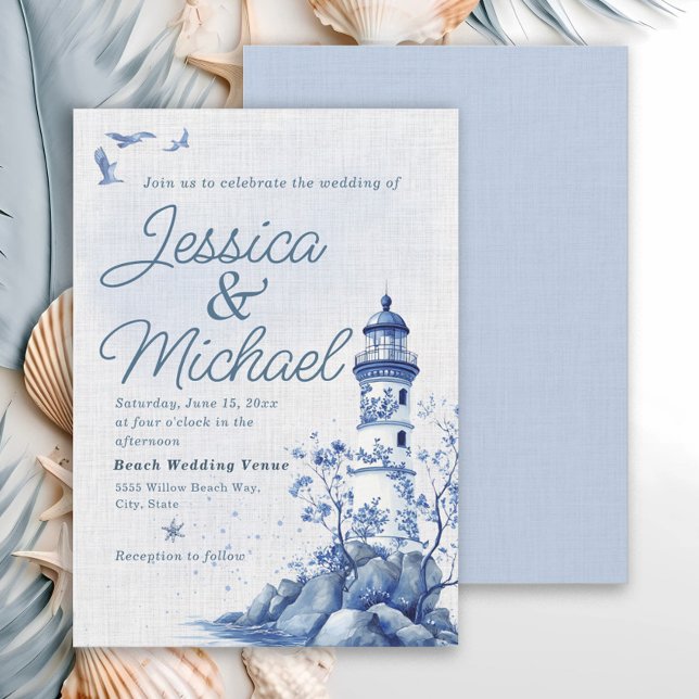 Invitación Boda en la playa costera del faro azul blanco (Blue and white lighthouse/nautiical/beach wedding invitation)