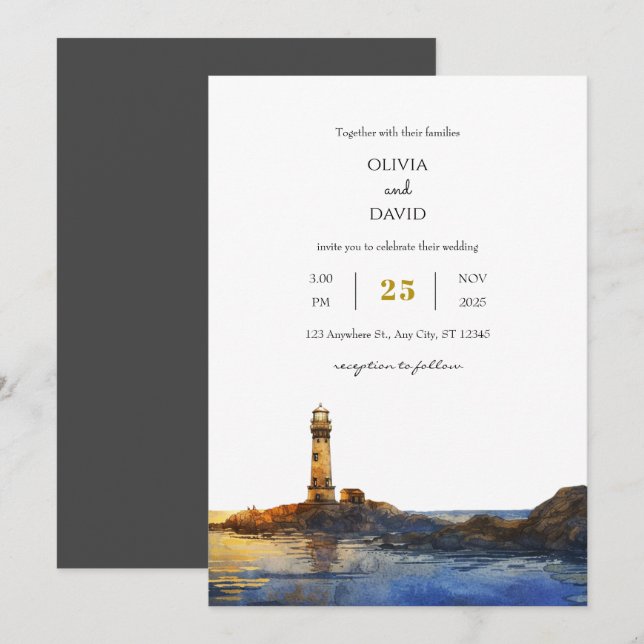 Invitación Boda en la playa de acuarela del faro rocoso del t (Anverso / Reverso)