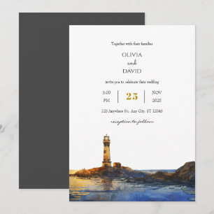 Invitación Boda en la playa de acuarela del faro rocoso del t