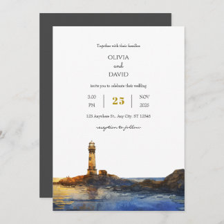 Invitación Boda en la playa de acuarela del faro rocoso del t