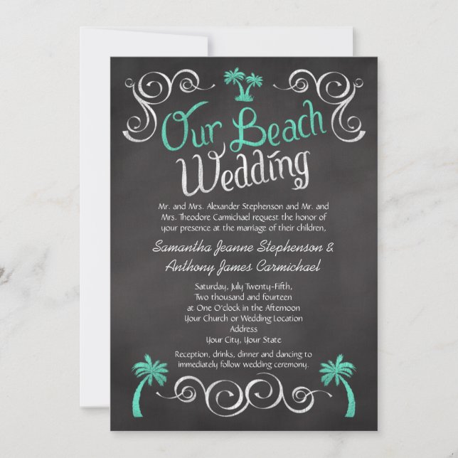 Invitación Boda en la playa de Chalkboard Turquoise Palm Tree (Anverso)