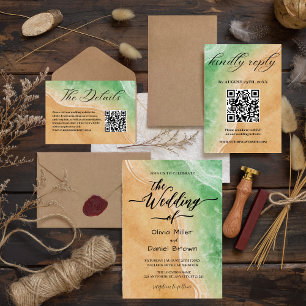 Invitación Boda en la playa de color verde y arena