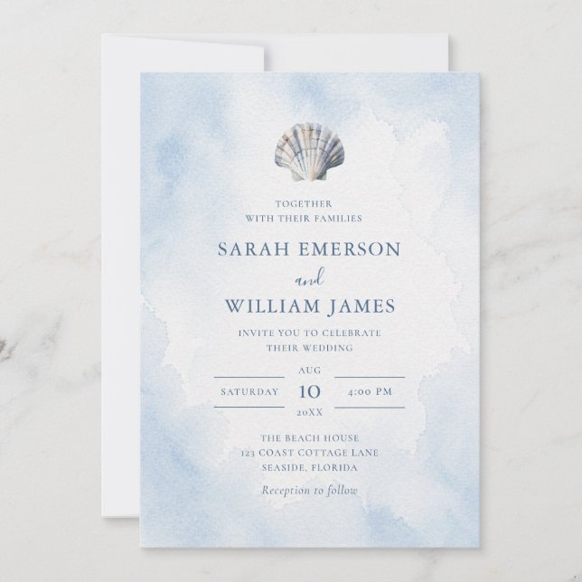 Invitación Boda en la playa de conchas azules (Anverso)