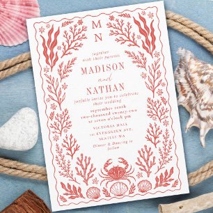 Invitación Boda en la playa de coral con concha de cangrejo n