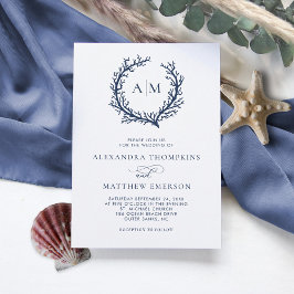 Invitación Boda en la playa de Coral Escudo Monograma