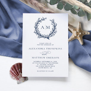 Invitación Boda en la playa de Coral Escudo Monograma