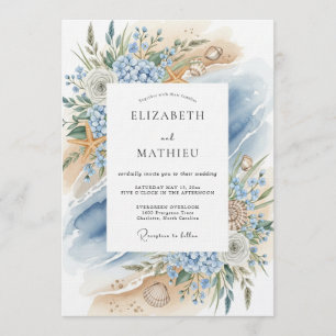 Invitación Boda en la playa de floración costera azul