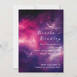 Invitación Boda en la playa de la galaxia rosa púrpura