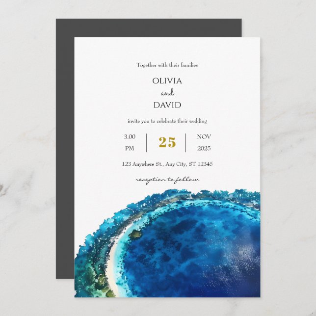 Invitación Boda en la playa de la isla del atolón tropical de (Anverso / Reverso)