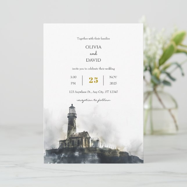 Invitación Boda en la Playa de la Isla del Faro Marítimo (Anverso de pie)