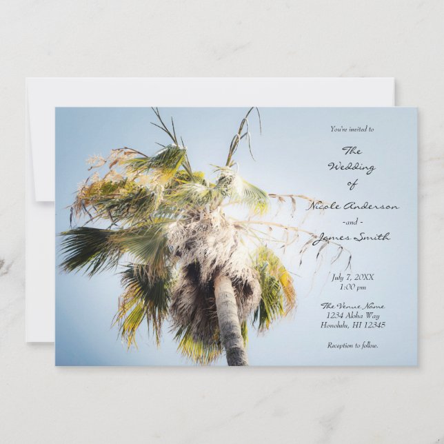 Invitación Boda en la playa de la isla tropical de la palmera (Anverso)