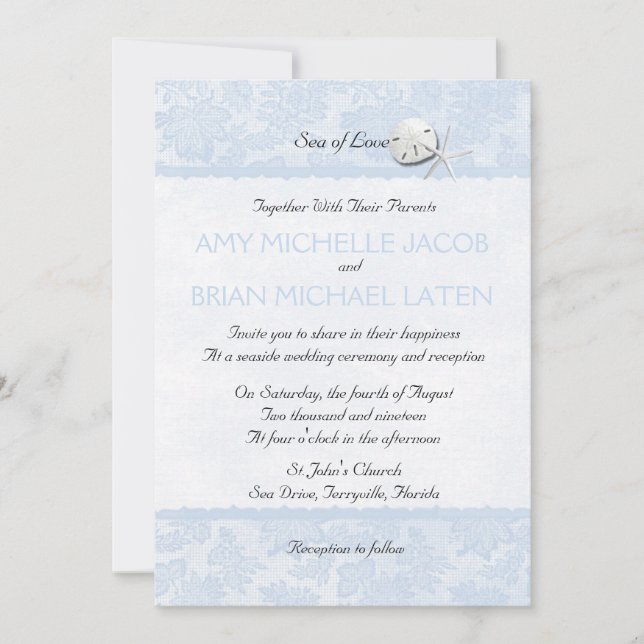 Invitación Boda en la playa de los cascos azules pálidos (Anverso)