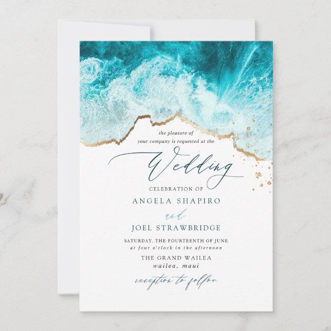 Invitación Boda en la playa de olas marinas de PixDezines (Anverso)