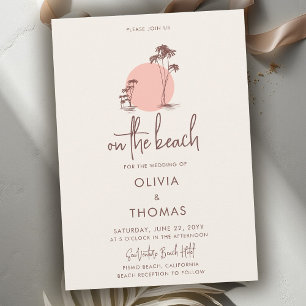 Invitación Boda en la playa de palmeras sol rosa arena de cre
