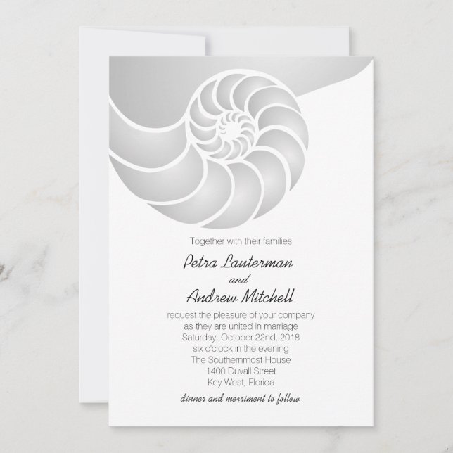 Invitación Boda en la playa de Silver Nautilus Shell (Anverso)