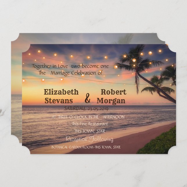 Invitación Boda en la playa del atardecer, Palmeras, Invitaci (Anverso / Reverso)