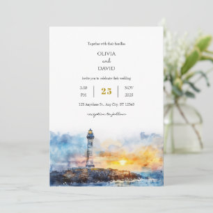 Invitación Boda en la playa del faro al atardecer azul suave