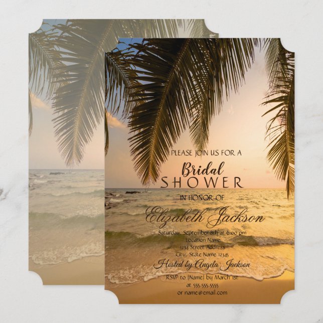 Invitación Boda en la playa, ducha de novia con palm Sunset (Anverso / Reverso)