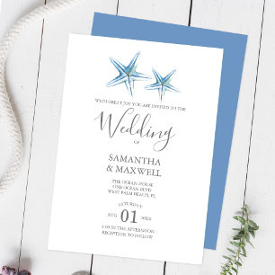 Invitación Boda en la Playa Estrella de Mar Acuarela Azul