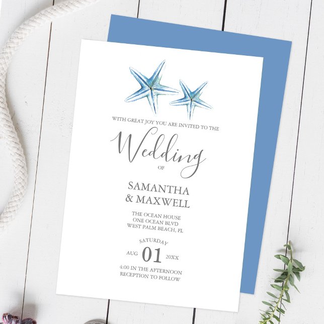 Invitación Boda en la Playa Estrella de Mar Acuarela Azul (Best websites to order customizable beach wedding invitations Do Tell A Belle )