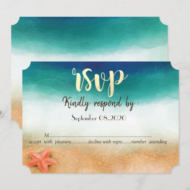 Invitación Boda en la Playa,Estrella de Mar RSVP (Anverso / Reverso)