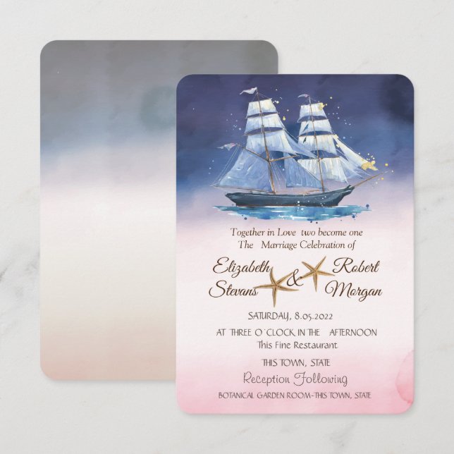 Invitación Boda en la Playa Estrellas de Mar Luces de Cadena (Anverso / Reverso)