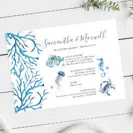 Invitación Boda en la Playa Ilustrada con Acuarela Azul
