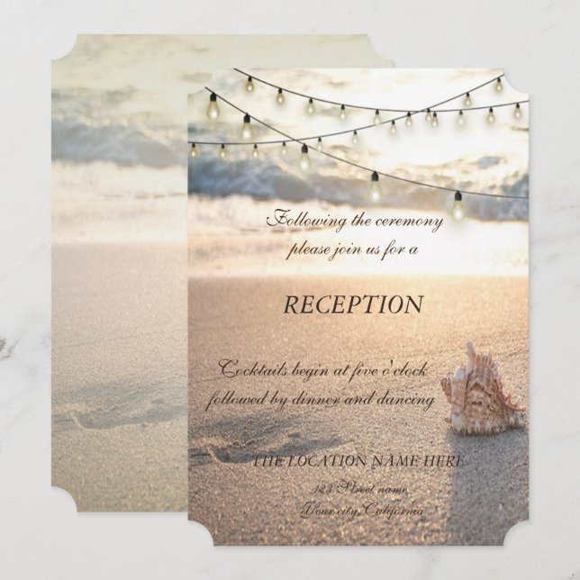 Invitación Boda en la playa, luces de cuerda de conchas de re (Anverso / Reverso)