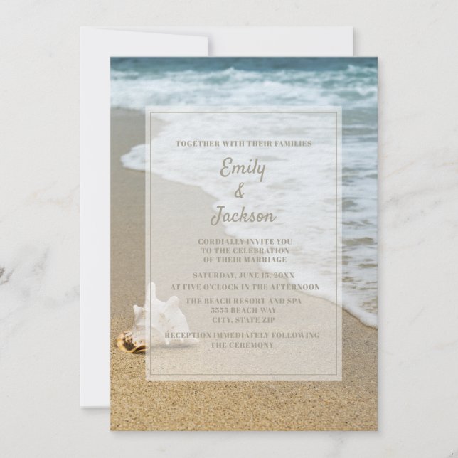 Invitación Boda en la playa océano concha de mar arena (Anverso)