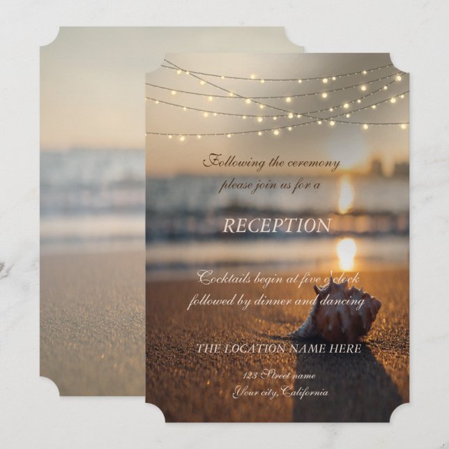 Invitación Boda en la Playa Puesta de Sol Recepción con Conch (Anverso / Reverso)