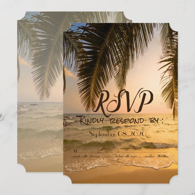 Invitación Boda en la playa, puesta de sol RSVP (Anverso / Reverso)