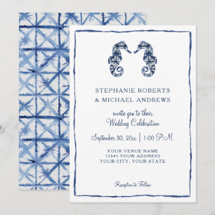 Invitación Boda en la playa Shibori Indigo Watercolor Seahors