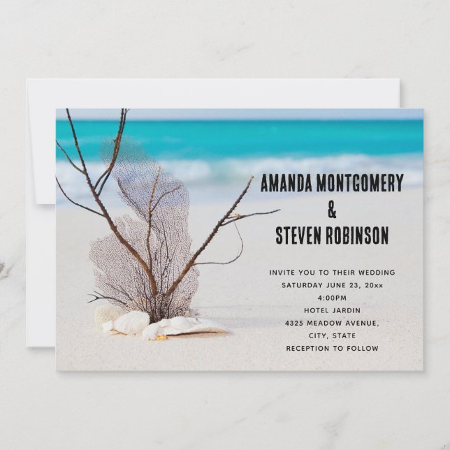 Invitación Boda en la Playa Tropical con Conchas Blancas (Anverso)