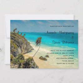 Invitación Boda en la playa tropical con palmeras agitadas po