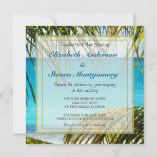 Invitación Boda en la playa tropical enmarcada con hojas de p