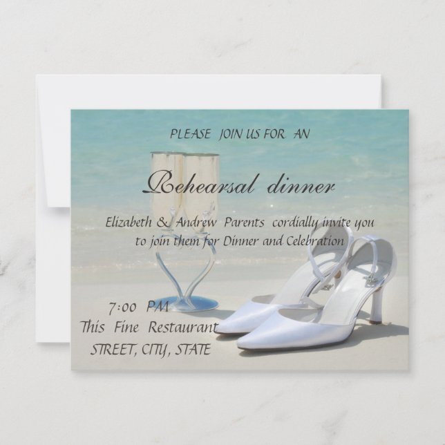 Invitación Boda en la playa, vidrio, tacones altos para la ce (Anverso)